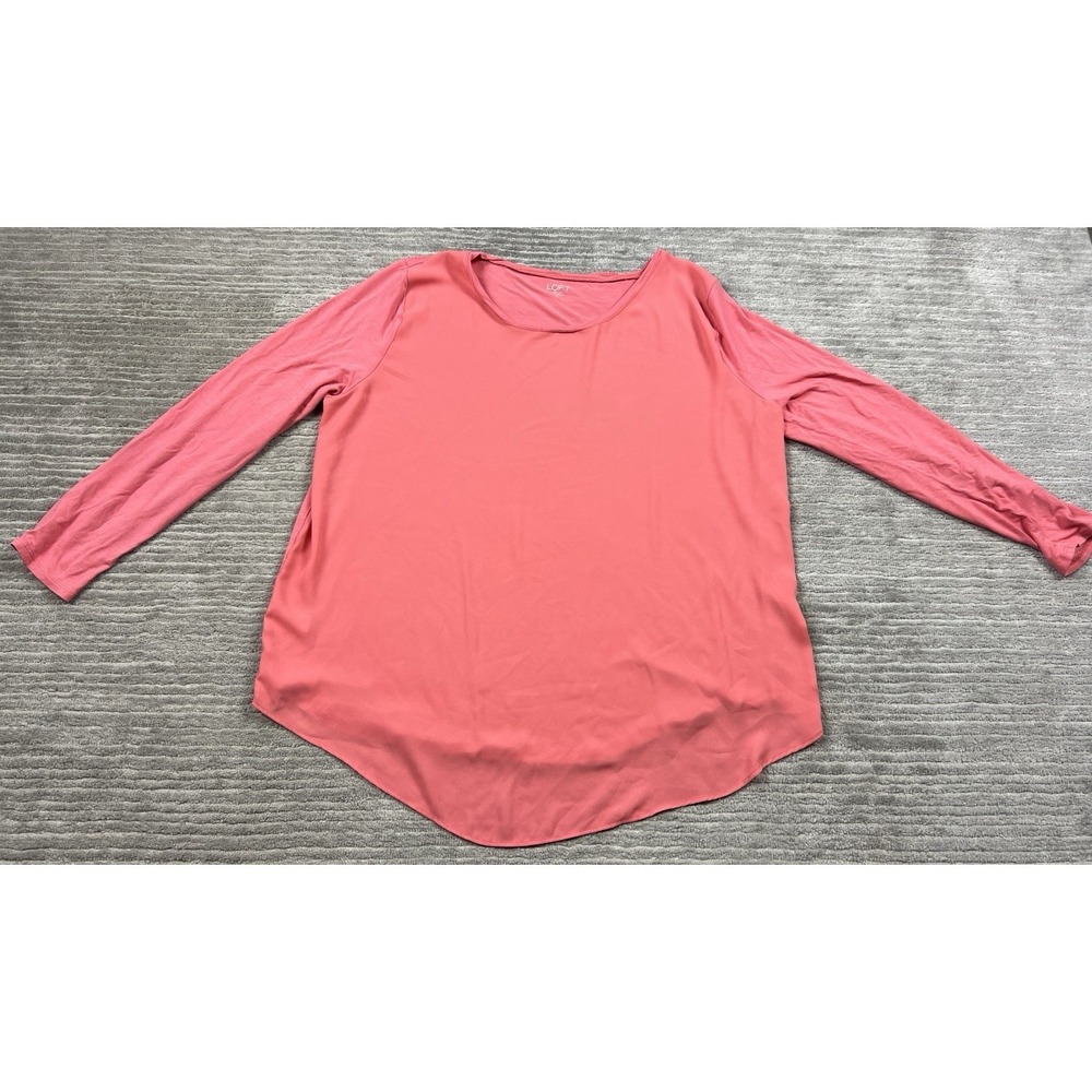 Loft Outlet Top Womens XL Pink Long Sleeve Woven Front Knit back Curved Hem